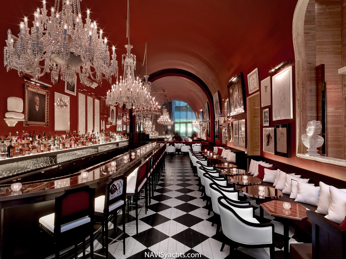 The chandeliers at the Baccarat Hotel New York Bar