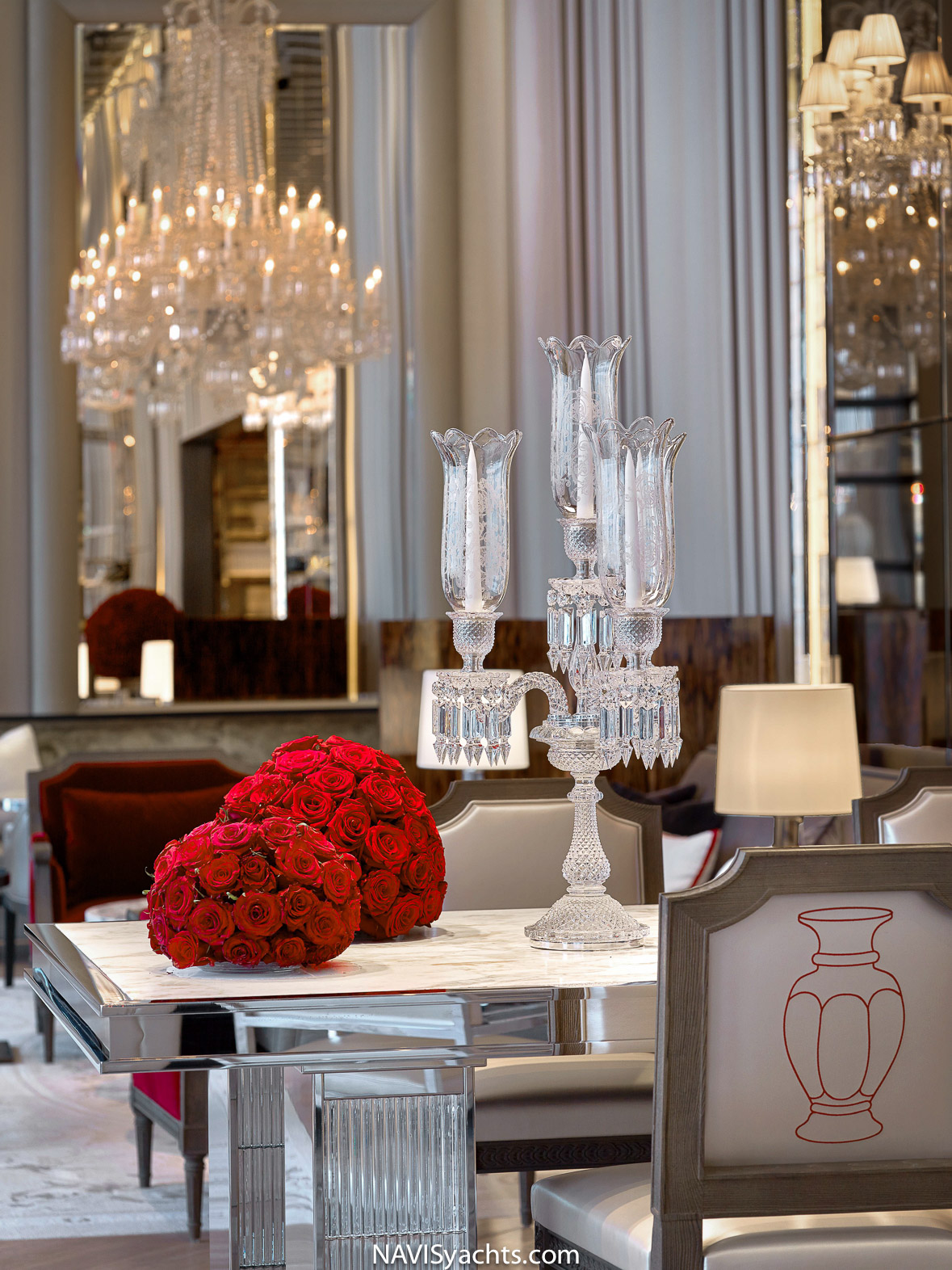 Baccarat Hotel New York displaying chandeliers and crystal pieces