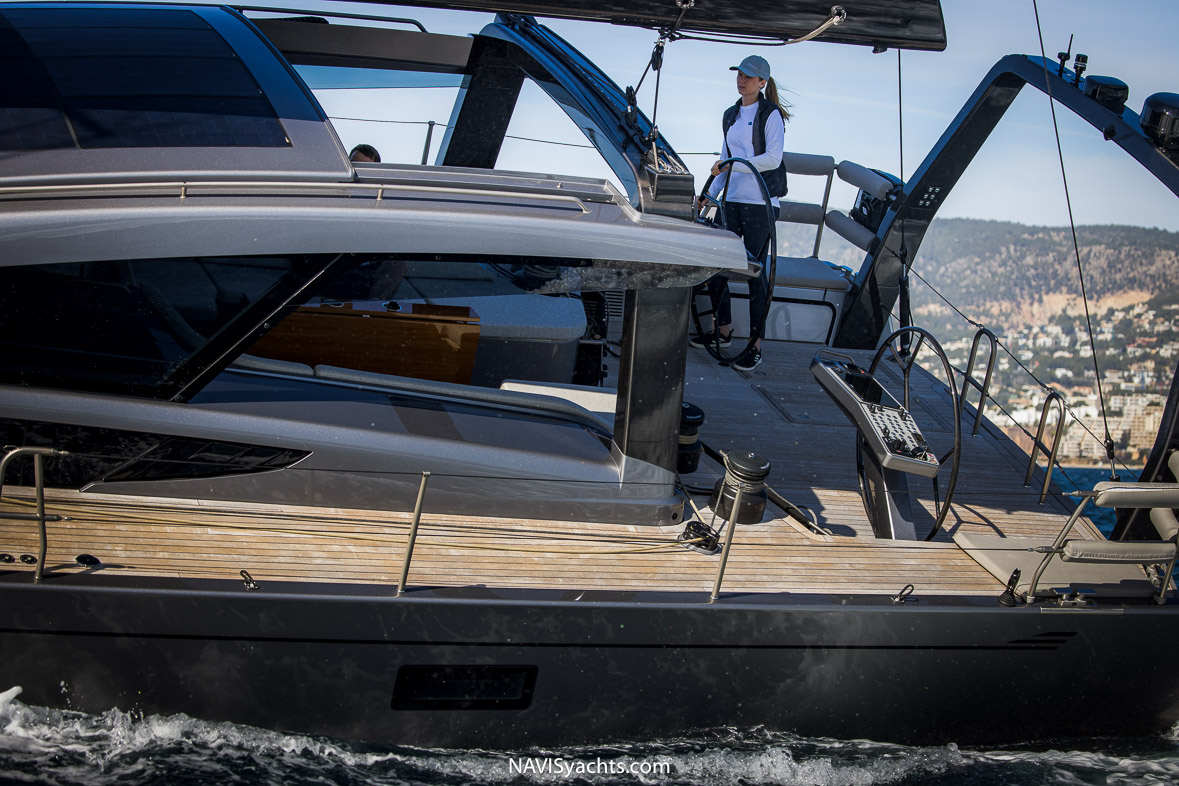 The protective Targa-style hardtop with extensive glazing on the 67 Performance Cruiser Freedom