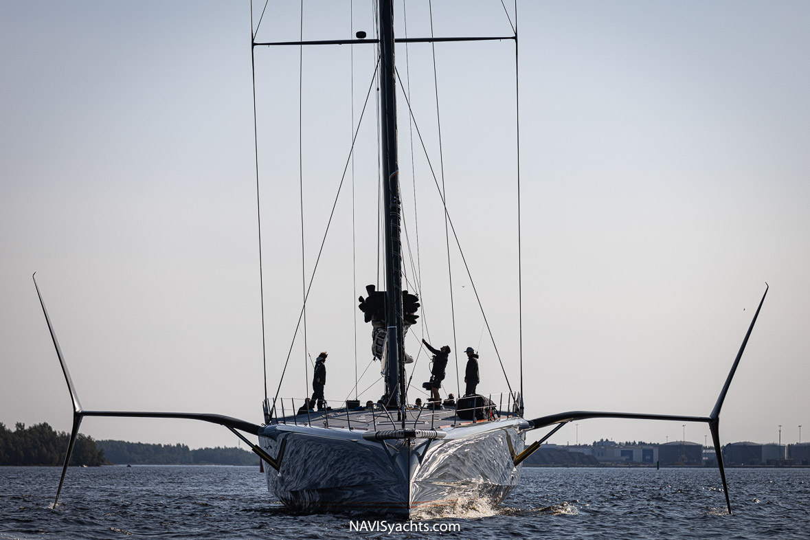 S/Y Raven sailing gracefully on Baltic waters showcasing its foil-assisted design