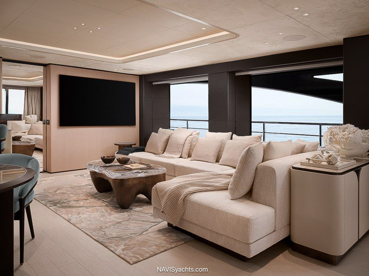Asani’s Luxurious Main Salon – A sophisticated interior space featuring elegant furnishings and seamless sea views.