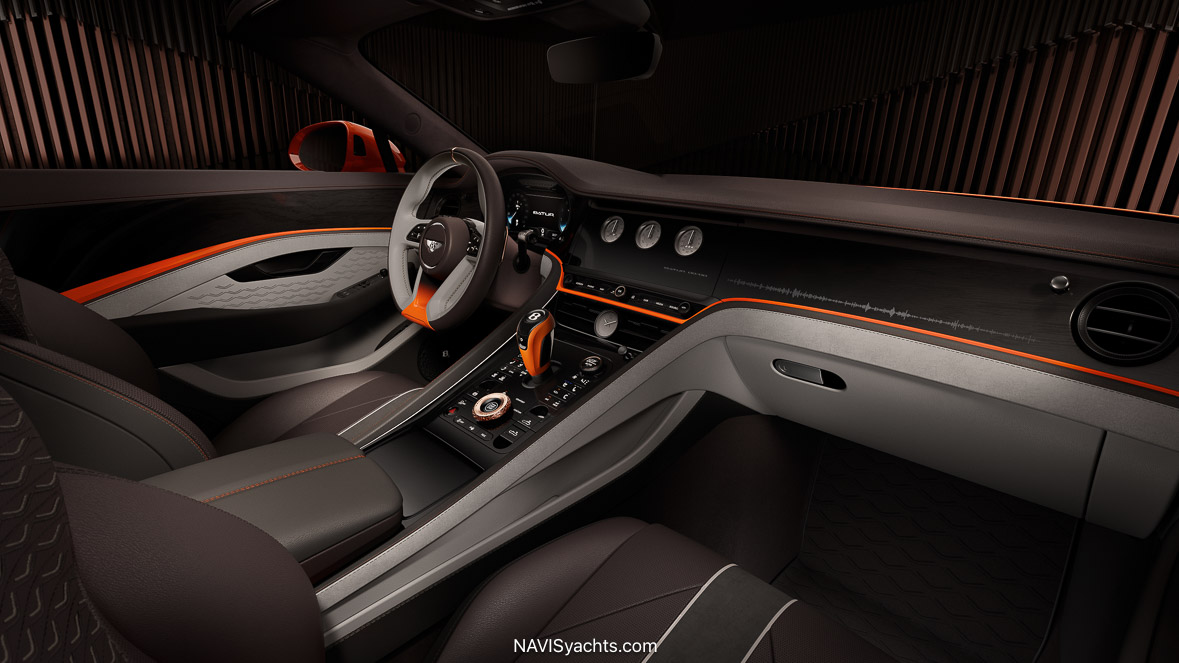 Detailed interior shot of the Bentley Batur Convertible cabin, highlighting the hand-stitched leather, gloss wood veneer dashboard, and bespoke metal organ stop vent controls.