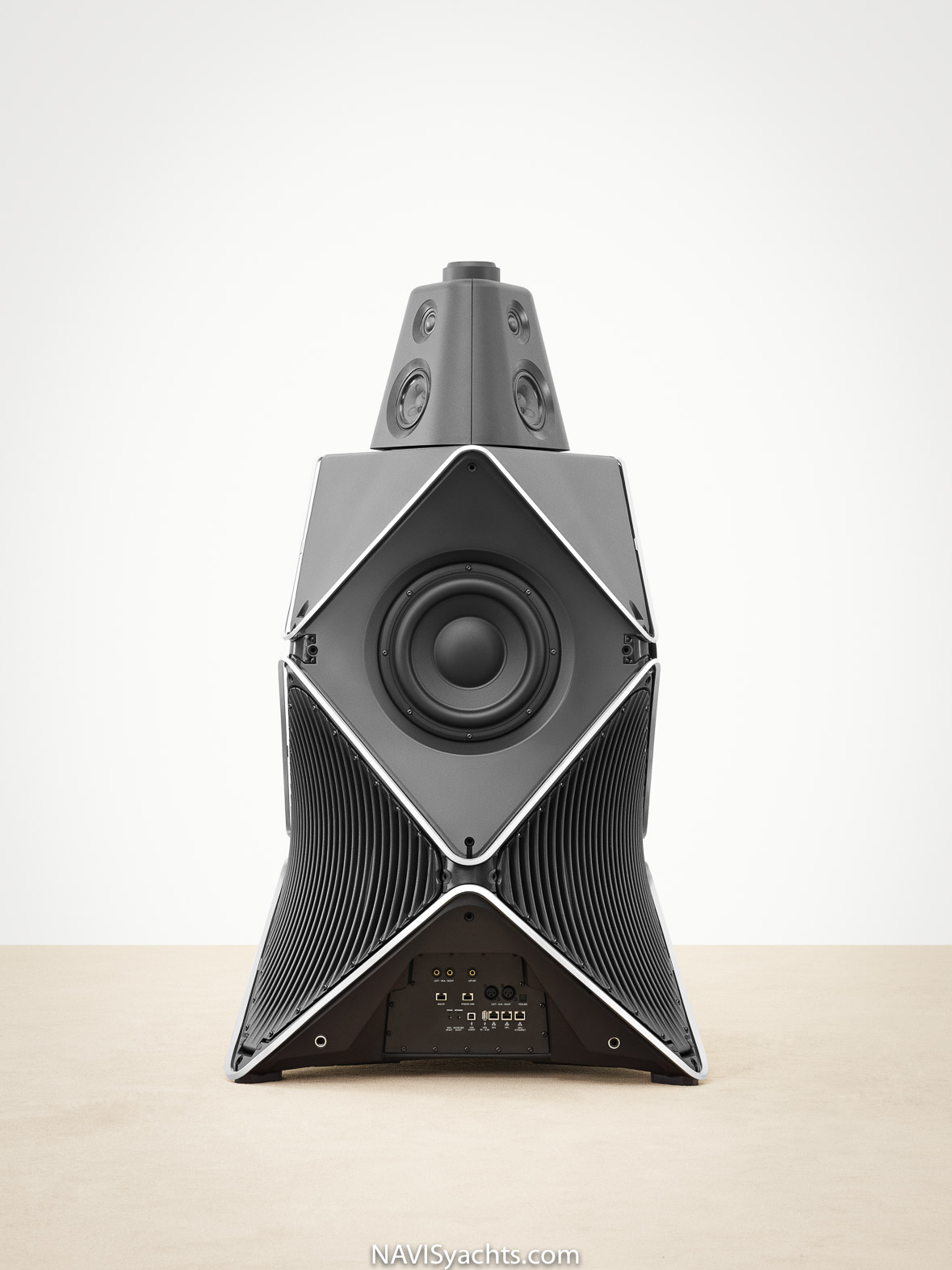 An elegant display of the Beolab 90's connectivity options, highlighting its seamless integration with various wired and wireless audio sources, providing a versatile and sophisticated listening experience for audiophiles.