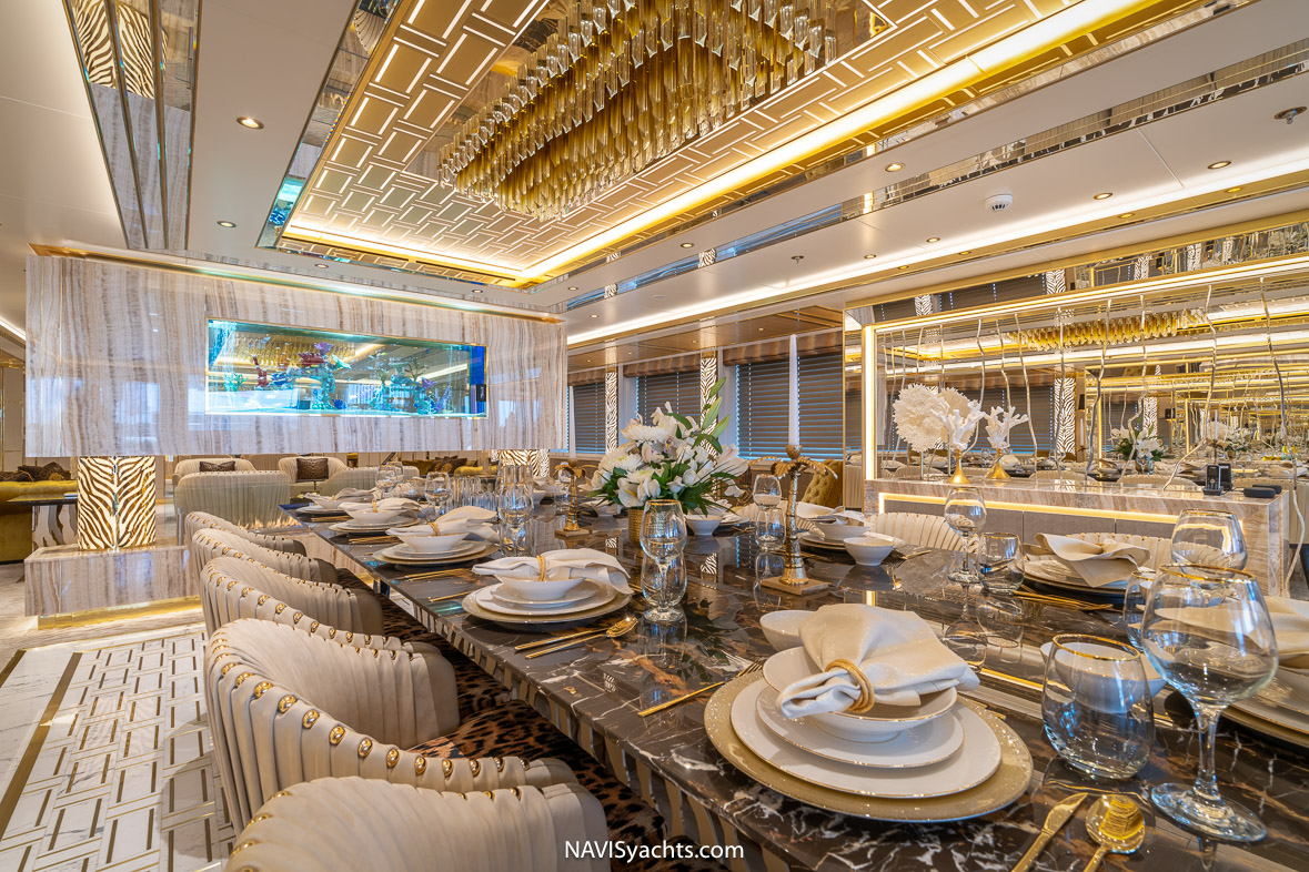 Guests enjoying the luxurious lounge area aboard Leona at the Monaco Yacht Show.