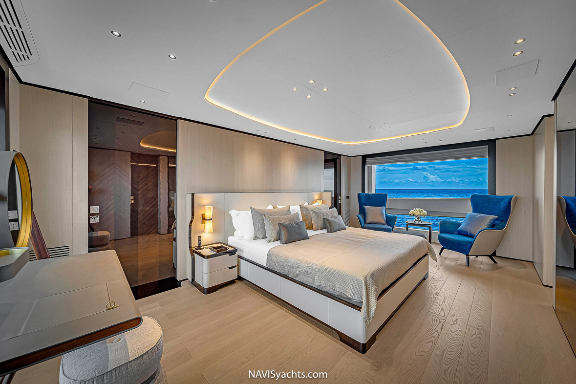 Master bedroom suite onboard Eurus yacht.