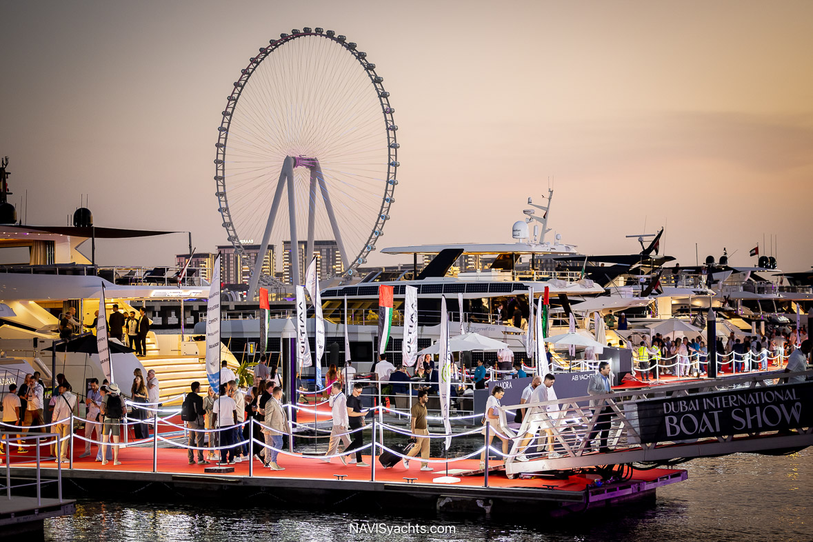 Dubai International Boat Show 2025 at Dubai Harbour with superyachts, catamarans, and skyline backdrop