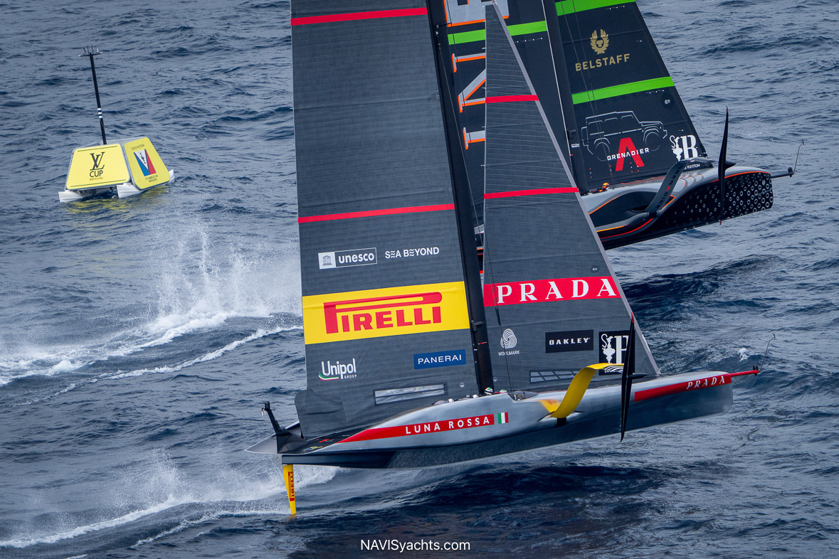 Foiling catamaran in action during America’s Cup race