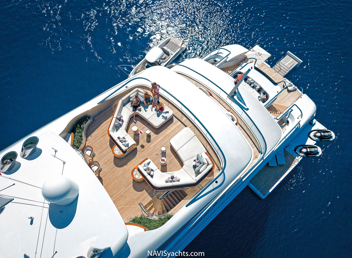 Aerial view of Feadship's Arrow, a contemporary superyacht with impressive technology and efficient systems