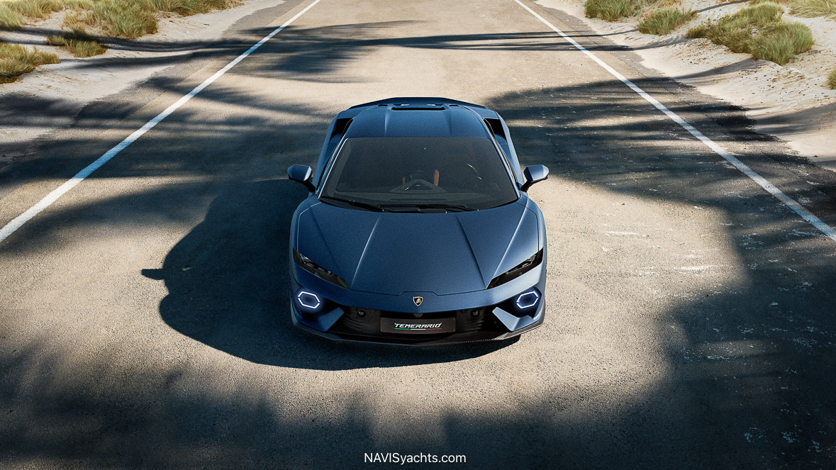 Lamborghini Temerario Front View – The aggressive front design of the Lamborghini Temerario, featuring hexagonal DRLs and a shark-nosed aerodynamic profile.