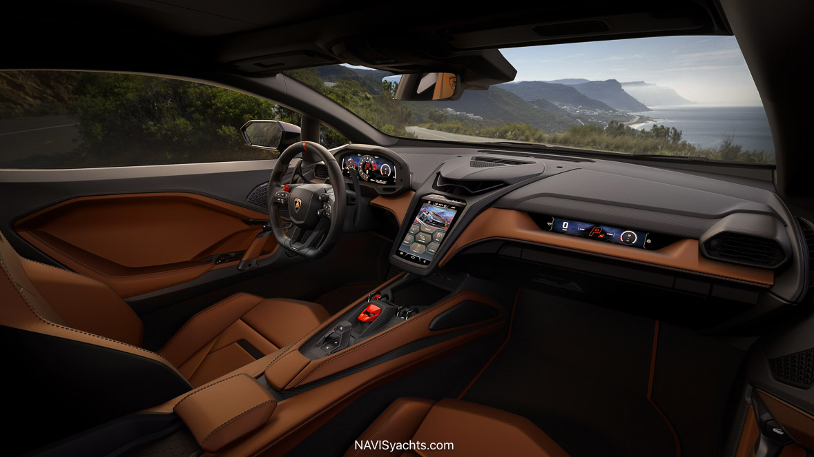 Lamborghini Temerario Interior – A fighter jet-inspired cockpit with a floating center console and digital instrument display.