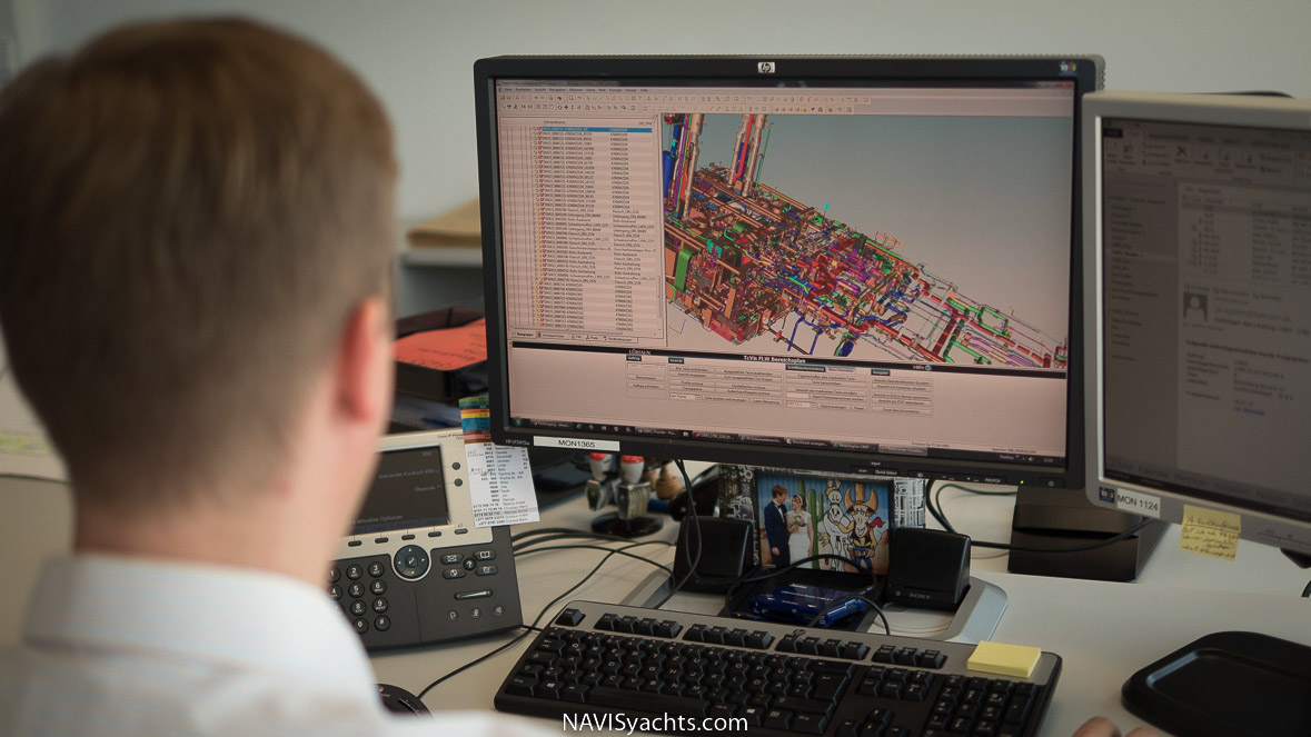 Digital 3D model of a superyacht's pipework system being designed and tested before installation.