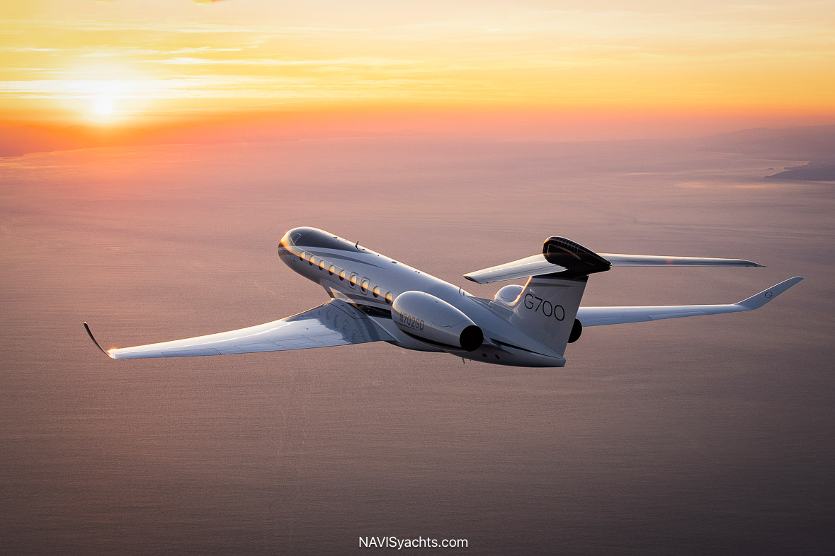 The Gulfstream G700 showcased at the Palm Beach International Boat Show 2024, symbolizing modern aviation luxury with its spacious, innovative cabin.