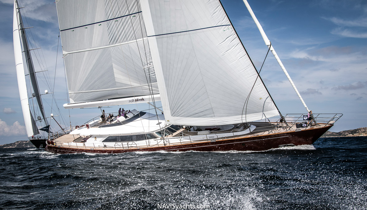 Perini Navi racing yacht: Immerse yourself in the rich sailing history of Blush, a formidable racing yacht that has made its mark in celebrated sailing races.