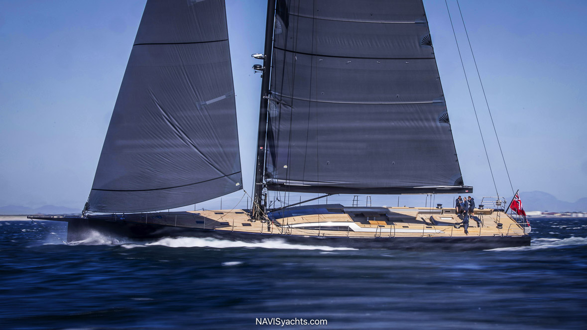 The Southern Wind Gelliceaux yacht cutting through the waves, showcasing its sleek, high-performance design and advanced hybrid propulsion system.
