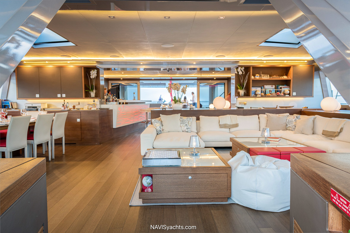 Interior of Mousetrap catamaran with unobstructed panoramic view