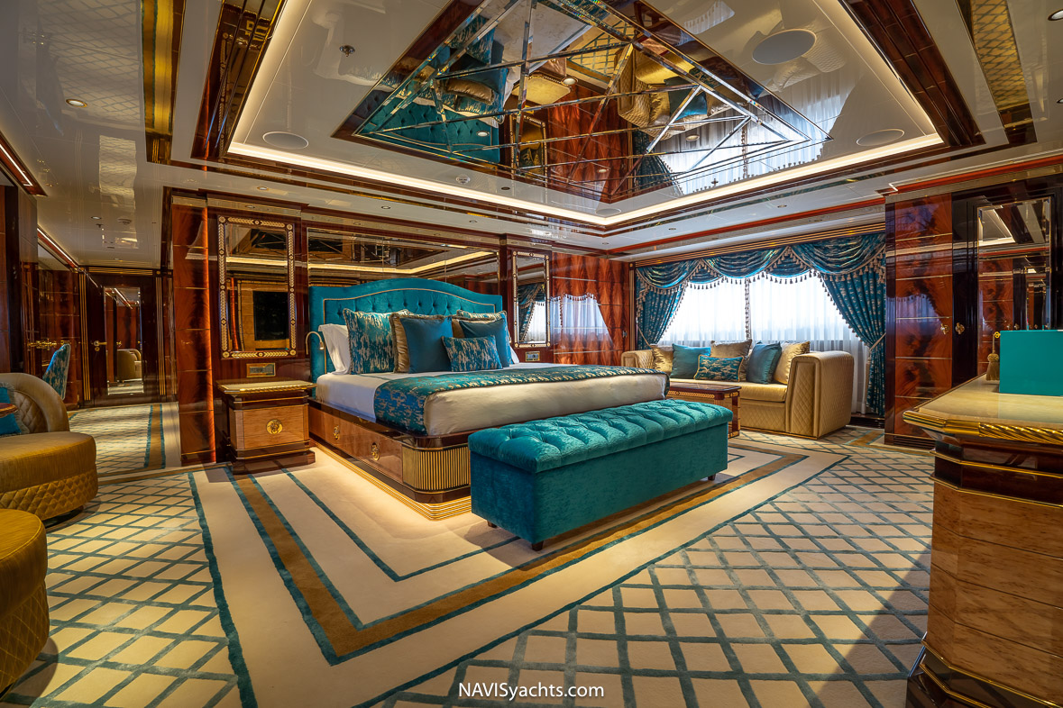 Close-up of the lavish decor aboard the Turquoise Yacht Jewels, with burl timbers and Giallo Siena marble.