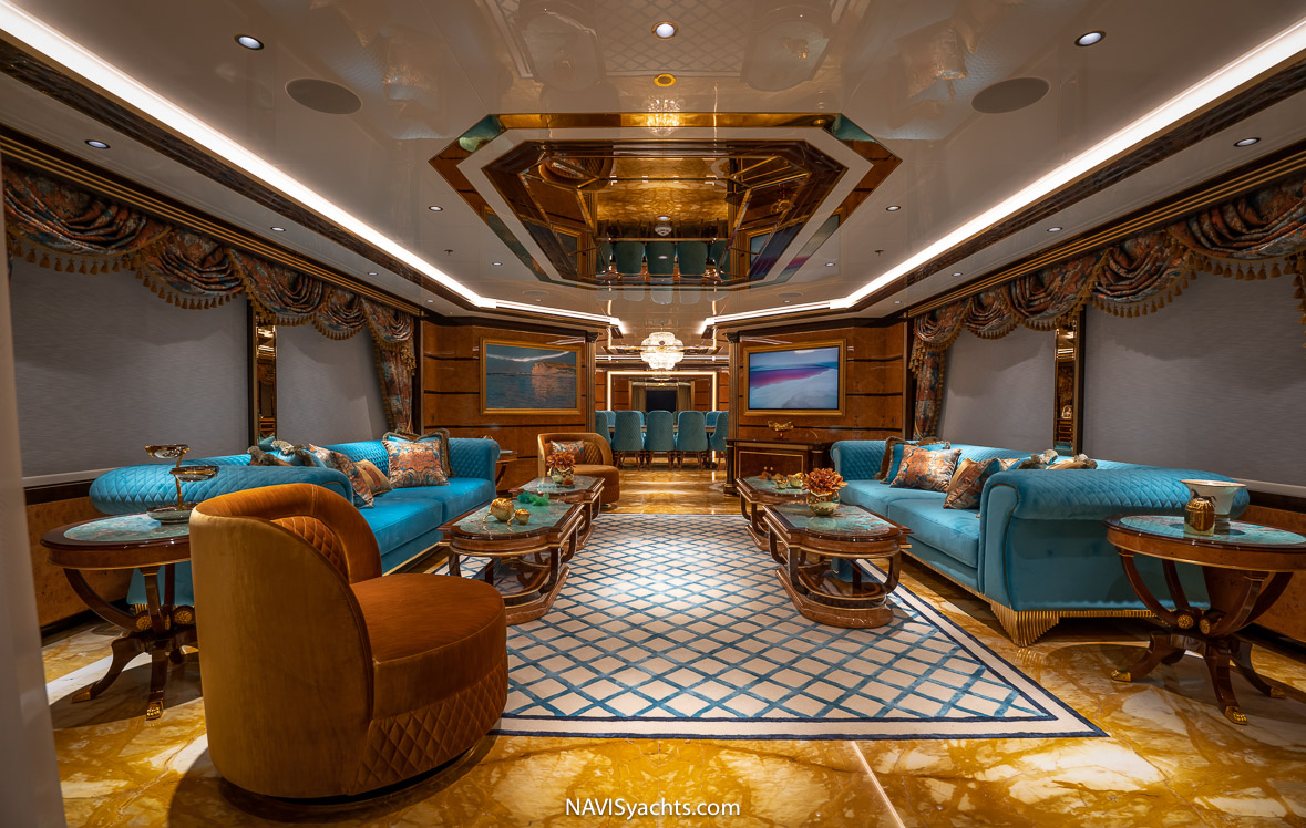 Intricate interior design of the Turquoise Yacht Jewels, showcasing velvet textures and gold accents.