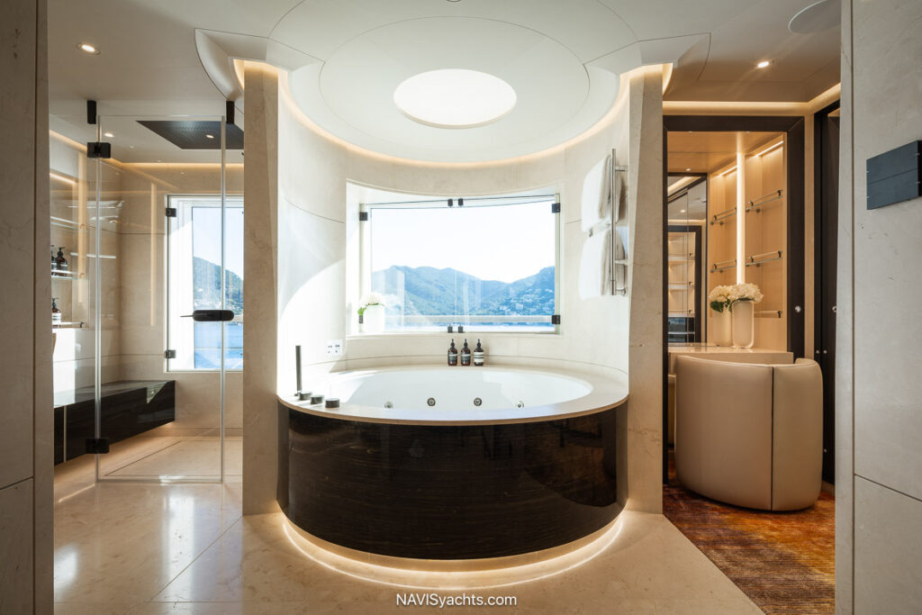 Amels Synthesis owner’s deck with private Jacuzzi and panoramic sea views